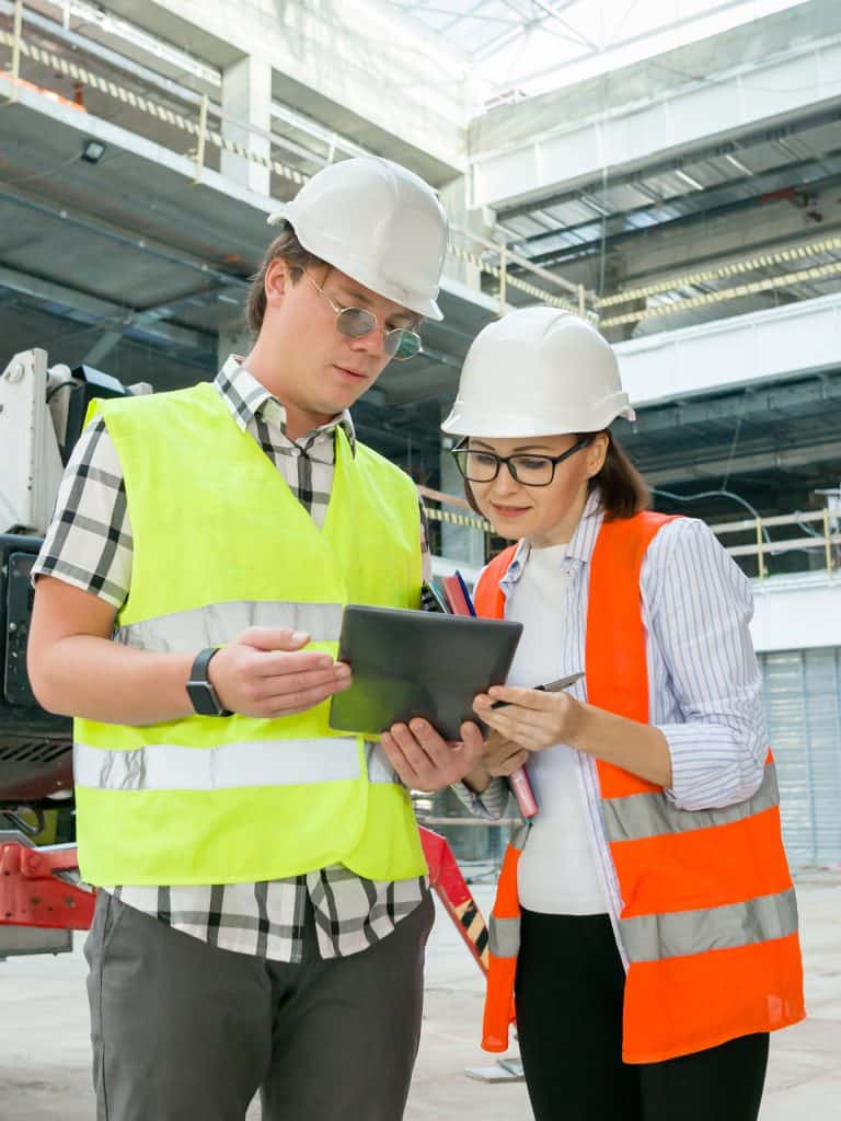 Man and woman on construction site using technology to support their work.